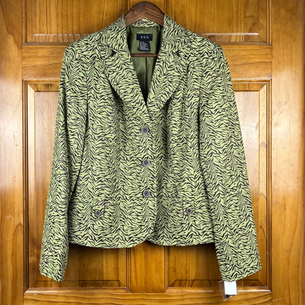 RQT Lime Green Black Zebra Print Blazer Jacket Womens Size 14 NWT Indie Sleaze